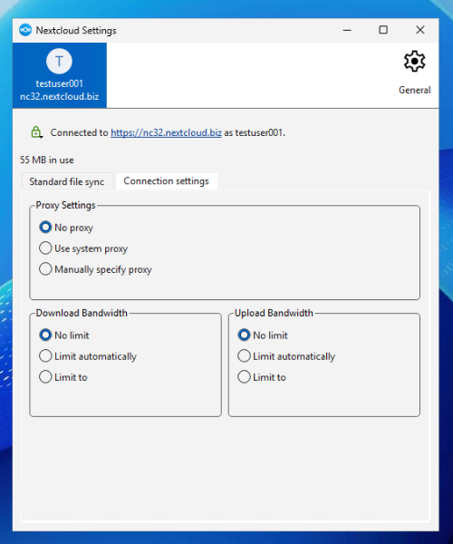 Nextcloudデスクトップクライアントの一般設定画面