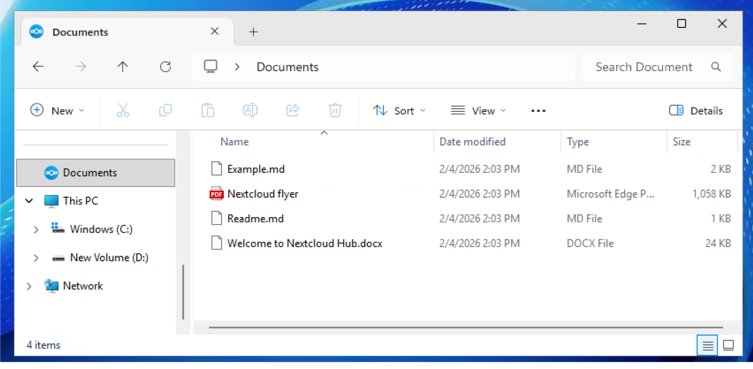 Windowsのファイルエクスプローラーに同期されたNextcloudフォルダ